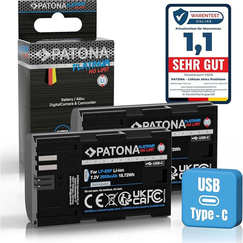 PATONA 2 x Platinum baterija LP-E6P LP-E6NH 2600mAh USB-C įvesties pakaitinė baterija, suderinama su 