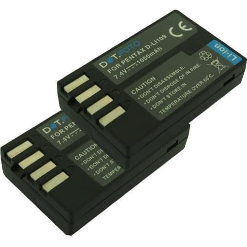 2 x Dot.Foto D-LI109 Premium 7,4 V / 1050 mAh baterija, skirta Pentax KP, K-30, K-50, K-70, K-500, K-r, K-S1, K-S2
