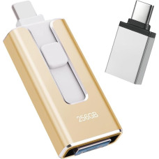 USB atmintinė iPhone 256GB, [MFi Certified] 4-in-1 USB atmintinė Lightning Stick iPhone, suderinama su iOS/Android/PC, USB 3.0 【Be programėlės】, skirta atsarginėms nuotraukų ir vaizdo įrašų kopijoms kurti, auksinė