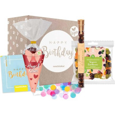 Laimingo gimtadienio dėžutė veganams | Veganų Geburtstagsgeschenk mit Gummibärchen und Konfetti | Geschenk für Veganer | Geschenk zum Geburtstag | Geburtstagskarte und vegane Süßigkeiten