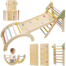 Montessori Klettergerüst Indoor Set, 7-in-1 Holz Kletterspielzeug, Faltbares Pikler-Dreieck-Set mit Rutsche, Leiter & Spielbogen, Indoor Spielgerät für Babys & Kinder 1-3 Jahre - Regenbogen