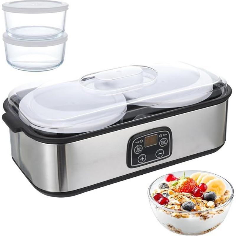 Joghurtbereiter, 2L Automatischer Joghurtmaschine, Einstellbare Temperatur & Timer Elektrischer Joghurtmacher mit LED-Anzeige und 2 Gläsern, für Zubereitung Bio-Joghurt, Milchprodukten, Käse, Natto