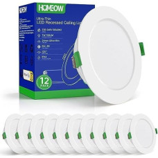 HOMEOW Set of 12 LED Recessed Spotlights, 230 V, 7 W, 700 Lumens, Flat, Cool White, 6000 K LED Spotlight, Diameter 118 mm, Cut-Out 95-110 mm, IP44 Waterproof for Bathroom, Kitchen, Living Room