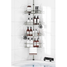 HAMITOR Telescopic Shower Shelf No Drilling Required: Metal Bathroom Corner Shower Shelf | Large capacity shower caddy corner for apartment: bathroom organiser accessories, adjustable 121-314 cm, silver grey