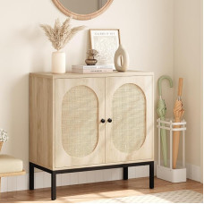 Rattan Sideboard, Wooden Kitchen Cabinet, Buffet Cabinet with 2 Doors, with Adjustable Shelf, High Metal Tube Leg Design, for Living Room, Kitchen, Dining Room, 80 x 40 x 83 cm