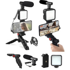 Profesionalus išmaniojo telefono vaizdo įrašų rinkinys „Vlog Phone“ su LED lempute, mikrofonu, telefono laikikliu ir trikoju – suderinamas su „iPhone“, „Android“, „YouTube“, „TikTok“, vlogais ir tiesioginėmis transliacijomis