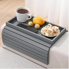 Bamboo Sofa Arm Tray, Anti Drip Couch Arm Rest, Foldable Sofa Armrest Tray, Couch Arm Table for Food, Drinks, Snacks, Remote Control, Cell Phone, Drink Holder, Back