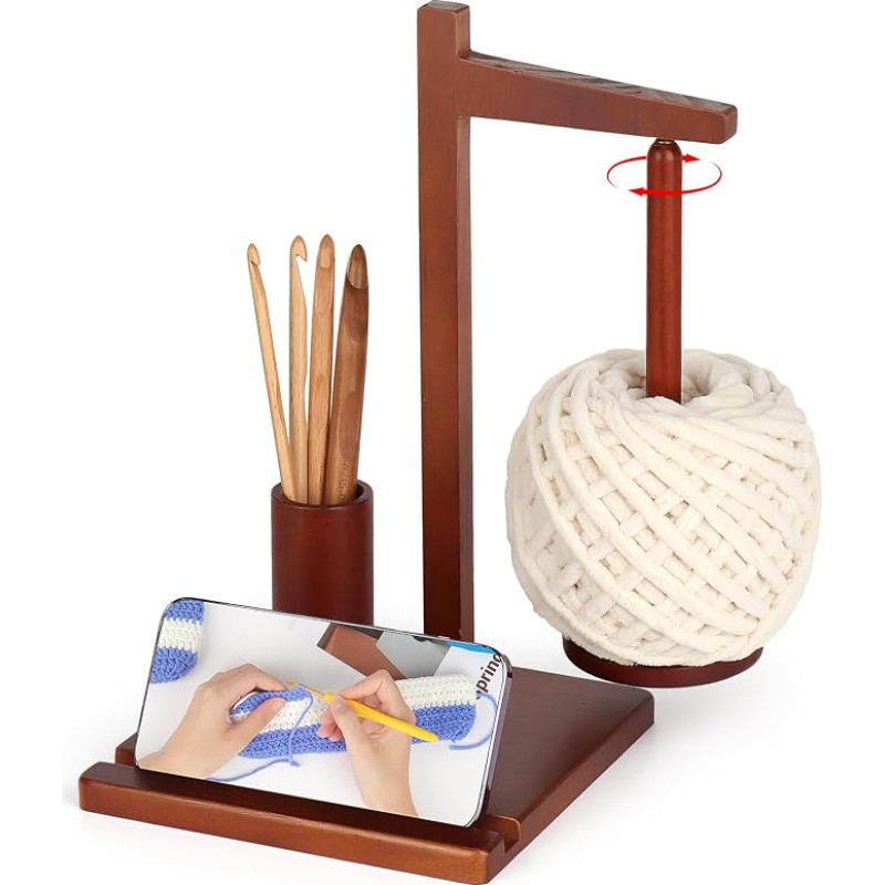 Reessy Magnetic Yarn Holder, Multifunctional Yarn Spinner with Phone Stand and Crochet Storage, Wooden Yarn Holder for Crocheting, Large Wool Holder for Knitting and Crocheting, Yarn Ball Holder