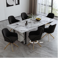 „Hawthyhome“ valgomojo kėdės, 360° besisukančios kėdės su porankiais, 6 vnt. rinkinys, besisukančios velvetinės valgomojo kėdės, virtuvės kėdės su metaliniu rėmu ir atlošu, skirtos valgomajam, svetainei, biurui, juodos/auksinės spalvos