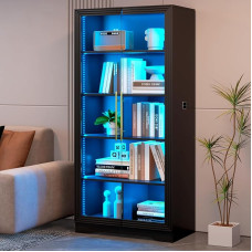 LVSOMT 5-Layer Glass Display Case with LED Lighting and Motion Sensor, Black | Display Cabinet with Glass Doors, Adjustable Shelf, for Collectibles, Figures, Books & Toys, Living Room, Bedroom