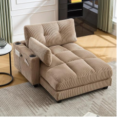 Ball & Cast Palm Armchair, Sofabed with 2 Drink Holders and Side Pocket, Sleeping Chair with 2 USB Ports + Type-C Connector, 140 x 112 x 81 cm, Khaki