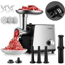 FOHERE Electric Mincer 3200W Max with 3 Discs and 3 Tubes | High performance stainless steel meat grinder with 2 knives and cube set for household and game meat processing