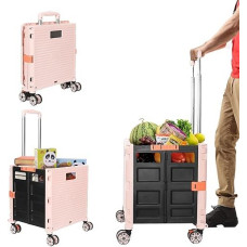 Shopping Trolley, Foldable Transport Trolley, Shopping Cart, Trolley with Lid, Foldable Shopping Trolley, Folding Box, Pink, up to 50 kg, Telescopic Handle, Aluminium Plastic