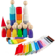 „Ulanik Montessori 1+“ lėlės puodeliuose su skrybėlėmis ir lovelėmis | Atviras medinis rūšiavimo rinkinys; 12 spalvų; puodeliai, veltinės skrybėlės ir lovelės; beržinis padėklas daiktams laikyti