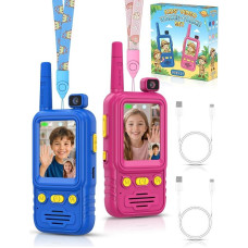 Vaikams skirtas racijos rinkinys su vaizdo kamera, 2 vnt., 180 laipsnių kampas, žaidimai, stovyklavimas | Vaizdo įrašai, nuotraukos, žaidimai, spalvotas vaizdas, USB-C, 183 m veikimo nuotolis be programėlės, 600 mAh, mėlyna, rožinė, vaikams 3–10 metų, šni