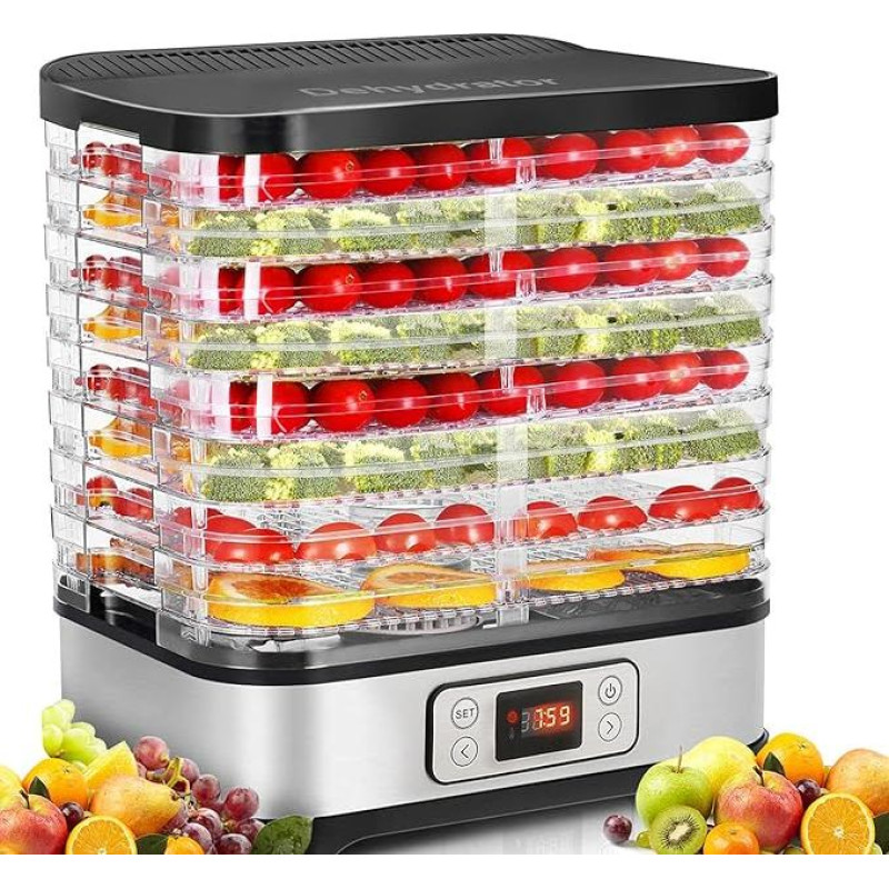 Meykey Dehydrator for Fruit and Vegetables, Food Dryer, 400 W, LCD Display, Temperature Adjustable, Silver