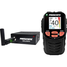 „President William II ASC“ daugiafunkcinis CB radijas – „Black Box“ dizaino modelis su valdymo elementais ir ekranu ant mikrofono, 40 AM/FM kanalų, 12 V, VOX funkcija ir ANL/NB filtras – kompaktiškas, skirtas lengviesiems automobiliams ir sunkvežimiams