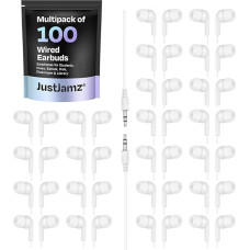 „JustJamz Basic“ | 100 vnt. pakuotė | Paprastos ausinės didmeninei prekybai, perlinės baltos spalvos ausinės, 3,5 mm garso lizdas, vienkartinės ausinės, skirtos mokykloms, klasėms ir bibliotekoms