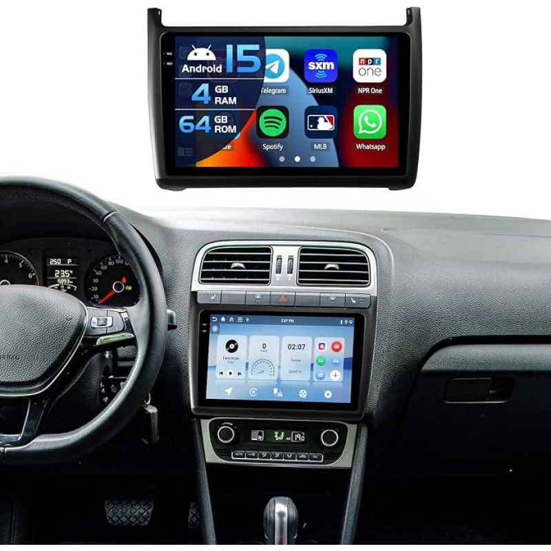 Inefala 4+64G Autoradio für VW Polo 2010-2017 Android 15 mit 9'' In-Cell Bildschirm mit Wireless Carplay und Android Auto Mirror Link Radio FM/RDS GPS WiFi Bluetooth SWC