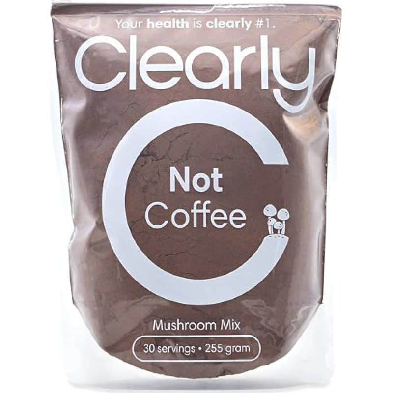 „Clearly Not Coffee“ – nesaldintas grybų gėrimas su kakava, čaga, reishi, liūto karčiais ir kordicepsu – kavos neturinti kakavos alternatyva, veganiškas ir be cukraus – 255 g