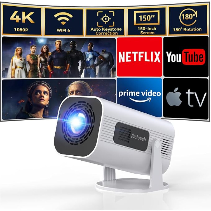 „Polocsh“ mini projektorius „4K Home Cinema“ su „Android 11.0“, „WLAN6“ ir „BT5.2“, 1080P „Full HD“ mini projektorius su automatiniu trapečių koregavimu, 150 colių ekranas, nešiojamas, pasukamas 180°, su HDMI/USB/AV jungtimis, baltas