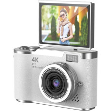 Skaitmeninis fotoaparatas, 1080P HD, 48 MP skaitmeninis „Point & Shoot“ fotoaparatas su 2,4 colio HD atverčiamu ekranu, įmontuotu LED papildomu apšvietimu, 8 kartų skaitmeniniu priartinimu, skirtas paaugliams (baltas)