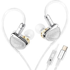 STA-K ausinės, „EarAcoustic Audio“ Hi-Fi stereo laidinės ausinės, hibridinės dvigubo garsiakalbio IEM ausinės, kristalinio skaidrumo garso IEM ausinės su 2-pin kabeliu muzikantams (su mikrofonu, USB, sidabrinės spalvos)