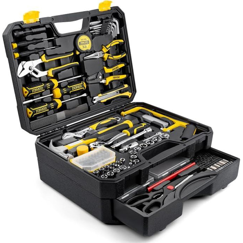 DOWELL 299-teiliges Profi Handwerkzeug Set, Ultimative Schublade Werkzeugkasten mit Stecknüssen, Zange, Sechskantschlüssel, Schraubendreher für Zuhause, Autoreparatur, Werkstatt & Notfall DIY