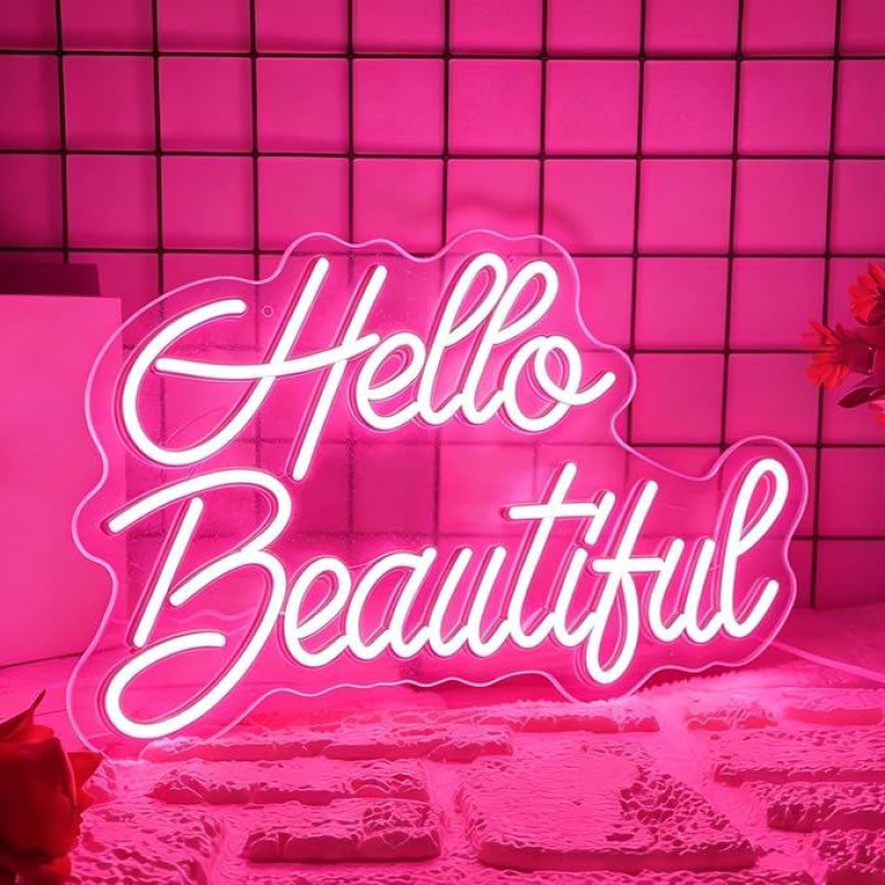 „Hello Beautiful“ neono iškaba, rožinė LED neono iškaba sienų dekoravimui, reguliuojamo ryškumo neono raidės, maitinimas per USB, skirta miegamajam, svetainei, barui, pubui, klubui, biurui, namams, vestuvėms, gimtadienio šventei, dovanai