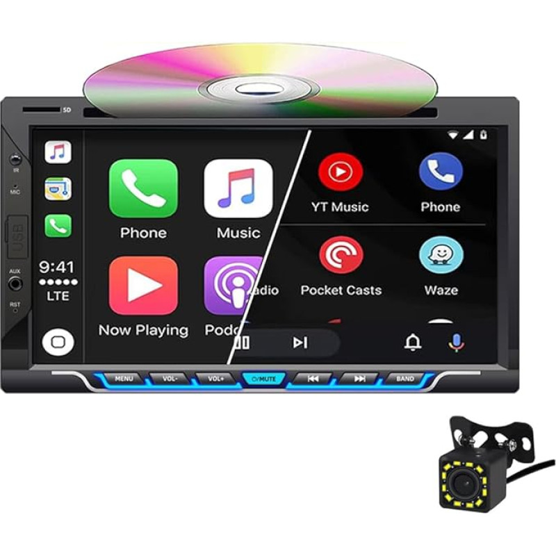 Car Radio Dual DIN with CD/DVD Player, CarPlay Wireless and Android Car Radio Touchscreen 7 Inch Supports Bluetooth AM/FM Mirror Link USB/TF/AUX + Backup Camera