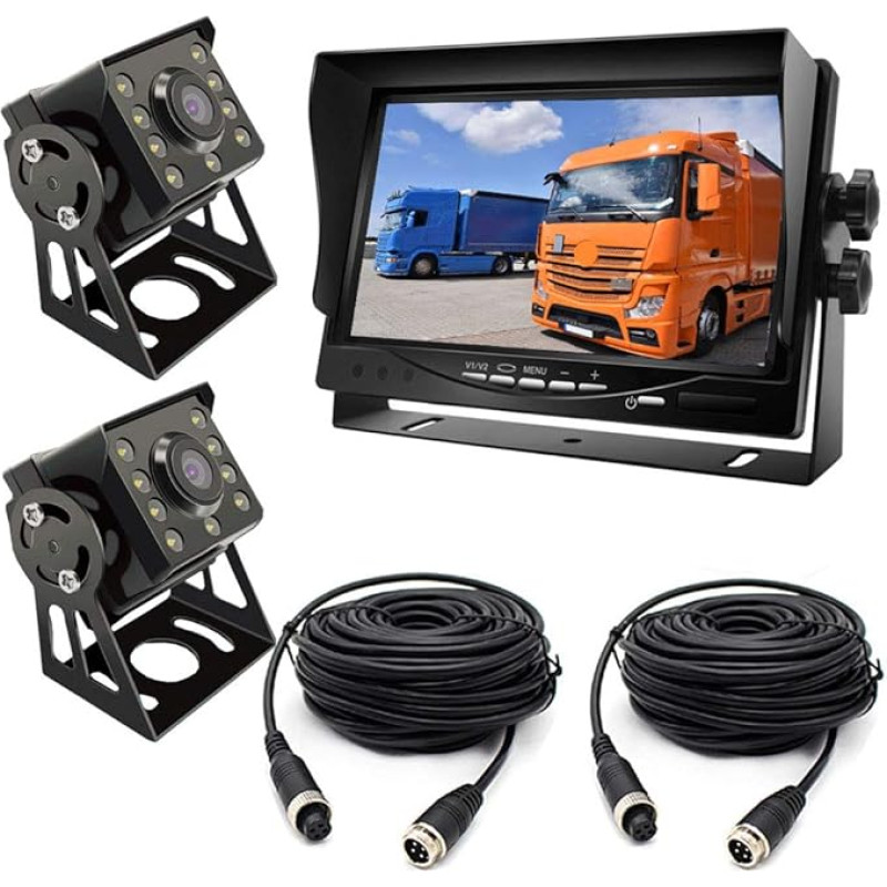 Reversing Camera with Monitor, 2 x 8 LED 120° Wide Angle IR Night Vision Waterproof Reversing Camera with 15 m Cable + 12 V-24 V 7 Inch TFT LCD HD Camera Monitor for Bus/Truck/Trailer/Motorhome