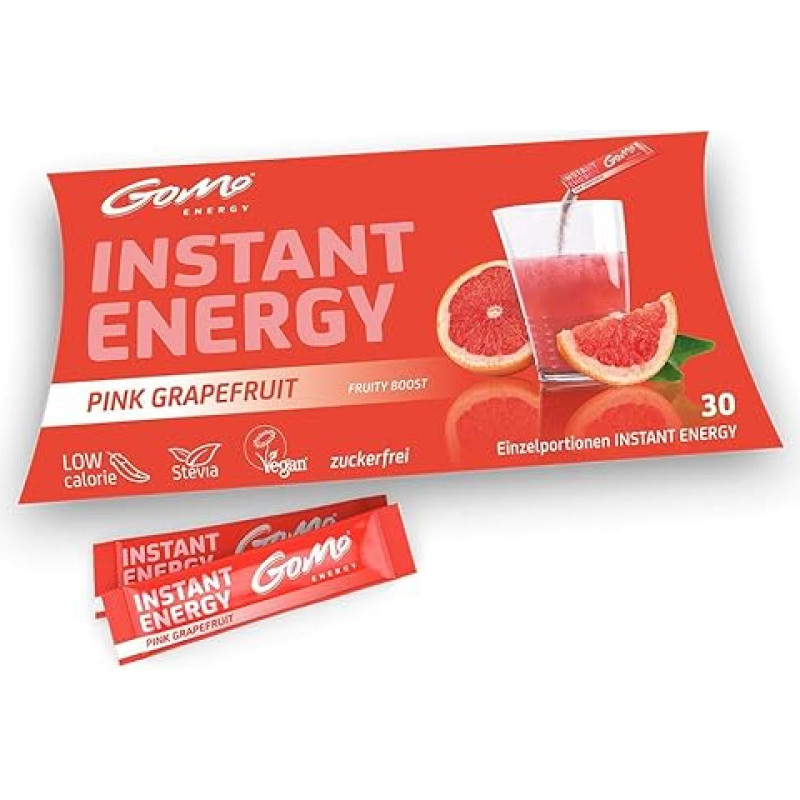 GoMo Energy® Energy Drink Powder, Sugar-Free, Natural Grapefruit Aroma, Energy Boost with 80 mg Caffeine, Vitamin B Complex High Dose + Niacin for More Performance, Pink Grapefruit 30 Servings