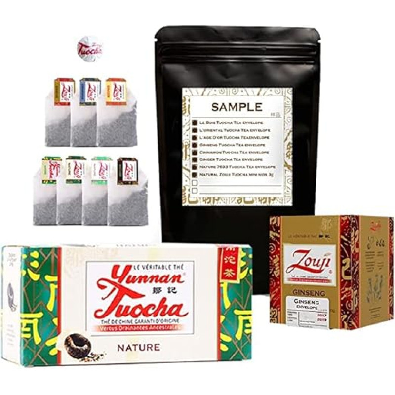 Yunnan tuocha - Geriausiai parduodamų arbatos maišelių pavyzdinė pakuotė - 87g - 25 paprastos tuocha arbatos maišeliai ir 10 ženšenio arbatos maišelių