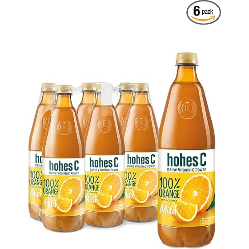 hohes C Mild Orange (6 x 1 l), 100 % sultys, apelsinų sultys, vitaminas C, be pridėtinio cukraus pagal įstatymą, mažiau rūgšties, veganiškas, su perdirbtu PET