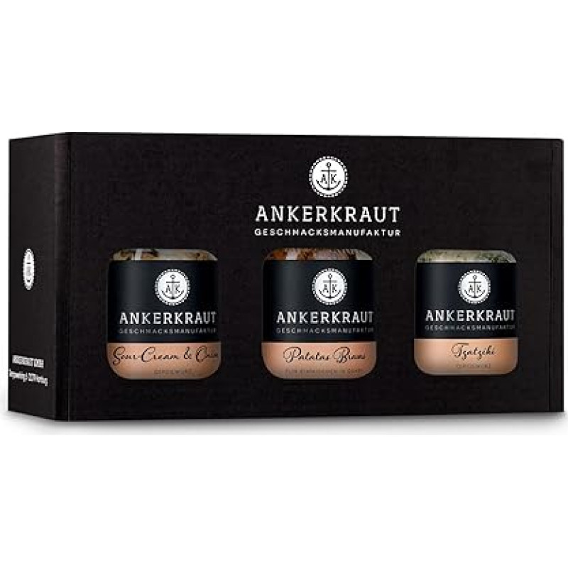 Ankerkraut Gift Set Dips, Gift Box with 3 Spices for Dips in Cork Glass, Tzatziki, Patatas Bravas and Sour-Cream & Onion in Spice Jars