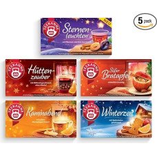Teekanne Winter Tea Pack of 5, Star Lights, Hut Magic, Sweet Baked Apple, Fireplace Evening and Winter Time, 20 Tea Bags (240 g) Each