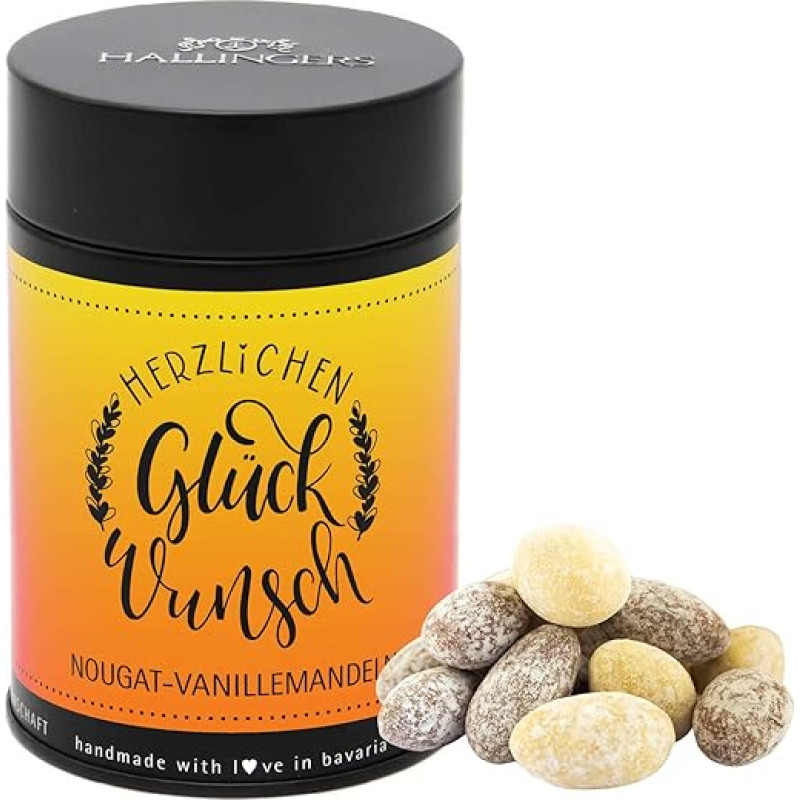Hallingers Herzlichen Glückwunsch - rankų darbo riešutas su šokoladu ir vaniliniais migdolais (skardinė) - Advento kalendoriaus naujovės ir advento kalendoriaus užpildas | Gimtadienio sveikinimai Jubiliejaus sveikinimai Naujiena