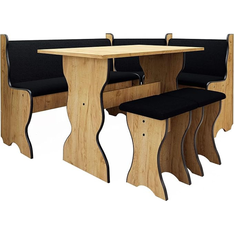 Mirjan24 Thomas kampinio suolo grupę sudaro virtuvės kampinis suolas, stalas, 2 x taburetės, valgomojo suolas (Oak Craft Gold + Hugo 100)