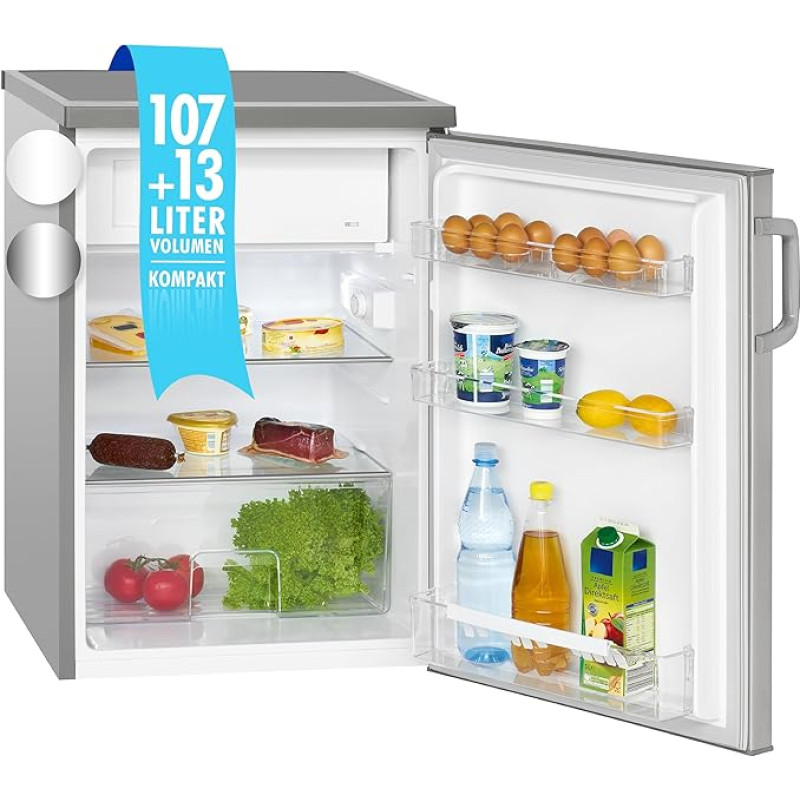 Bomann KS 2194.1 inox šaldytuvas su šaldikliu | 120 l talpos gėrimų šaldytuvas su 2 stiklinėmis lentynomis | Keičiami durų vyriai | Mažas šaldytuvas su nuolatine temperatūros kontrole