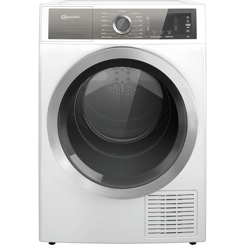 Bauknecht B8 D94WB DE šiluminio siurblio džiovyklė, 9 kg, 100 % pluošto priežiūra dėl GentlePower technologijos, automatinis valymas, apsauga nuo raukšlių, EcoMonitor, lengvo lyginimo programa, antialerginė programa, balta