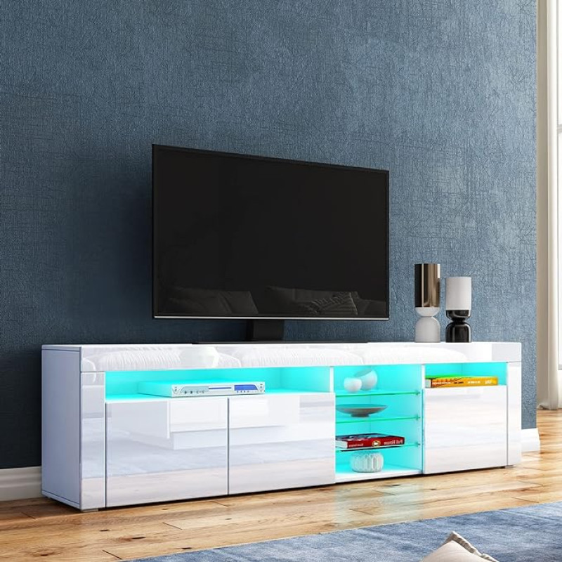 LED TV Cabinet, Modern High Gloss TV Board with 3 Doors & Glass Shelves, TV Cabinet for Living Room, Bedroom, Furniture, White, 180 x 35 x 53 cm