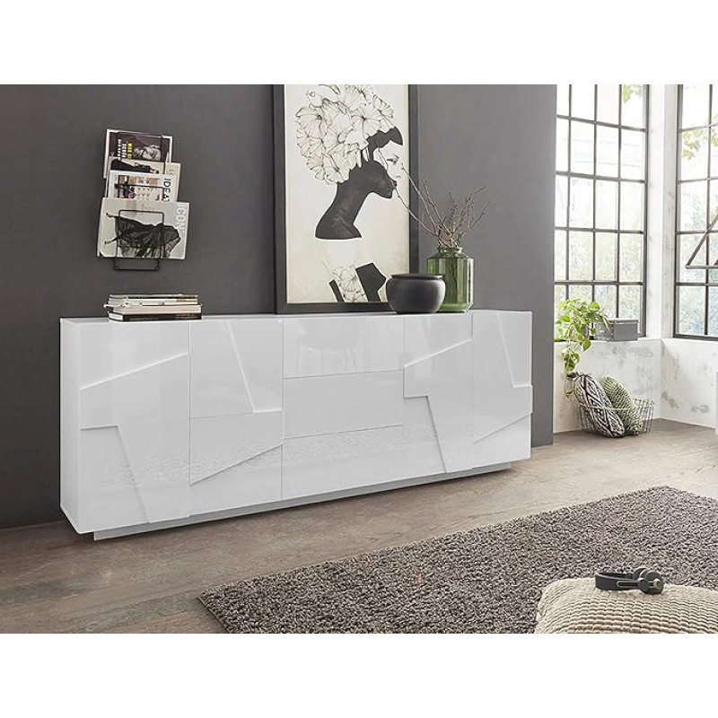 Dmora Modern Sideboard with 4 Doors and 3 Drawers, Made in Italy, Kitchen Sideboard with Detail, Design Living Buffet, 224 x 44 x 86 cm, Glossy White Colour