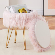 Mxfurhawa Apvalus dirbtinis kailis Osmanų saugykla Minkštas kailinis Osmanų su 4 metalinėmis kojomis Kompaktiškas kojų atramos taburetė Šiuolaikinis Footstool Osmanų makiažo sėdynė Įėjimas makiažo suoliukas