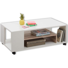 Baltos spalvos, senovinio stiliaus, mobilus sofos staliukas ant ratukų su lentyna, skirtas jūsų svetainei, 108 x 40 x 60 cm (plotis x aukštis x gylis)