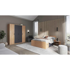 Inter Link - Functional Bed - Storage Bed - Bed with Drawers and Bedside Tables - Colour Artisan Oak - Grey - For Adults, Children, Teenagers - Double Bed - Liora Bed 140 x 200 cm