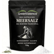GreenValence Sal Marinho Tradicional - 100 % natūrali rupi Algarvės jūros druska, renkama rankomis, nerafinuota, turtinga mineralais, be priedų, aukščiausios kokybės druska virtuvei ir griliui (750 g)