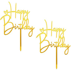 Happy Birthday Cake Decoration Gold, Pack of 2 Cake Decoration Birthday, Cake Topper Birthday Made of Acrylic, Happy Birthday Cake Decoration, Birthday Cake Decoration for Girls, Boys, Women