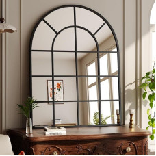 Koonmi 100 x 75 cm išlenktas sieninis veidrodis Vonios kambario veidrodis su tinkleliu Sprogimui atsparus dekoratyvinis grūdinto stiklo veidrodis, tinkantis langų apdailai, prieškambariui, juodas