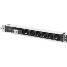 DIGITUS DN-95417 - 19 colių maitinimo elementas - 6 jungtys - 1U - su grandinės apsaugos jungikliu ir užraktu nuo vaikų - 250 VAC 50/60 Hz - 16 A - 4000 W - skirtas 19 colių tinklo ir serverių spintoms