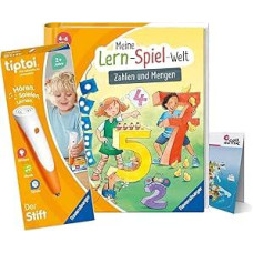 Ravensburger tiptoi rinkinys: Mano mokymosi žaidimo pasaulis - skaičiai ir kiekiai (vaikiška knyga) + rašiklis 00110 + vaikiškas pasaulio žemėlapis, mokomasis žaislas vaikams